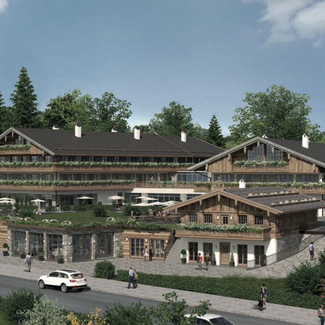 Rendering of an alpine boutique hotel with timber facades and planted terraces - Tegernsee, Germany