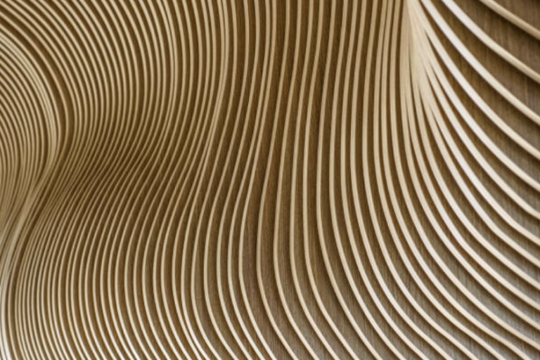 Curved timber slat structure in warm wood tones - architecture, interior and landscape design