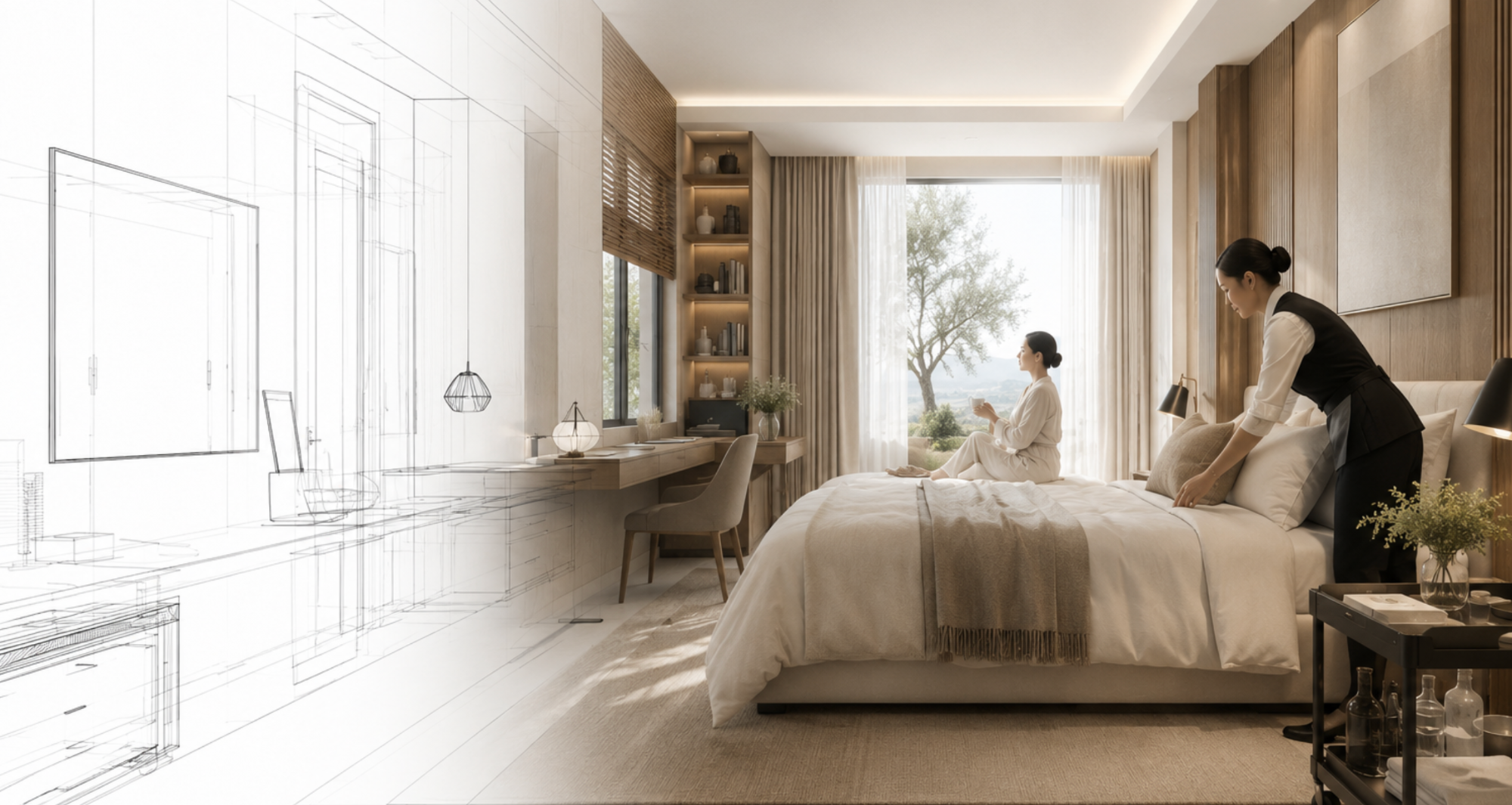 Hotel corridor rendering blending line drawing and finished interior, showing strategy, design and human experience as one integrated system