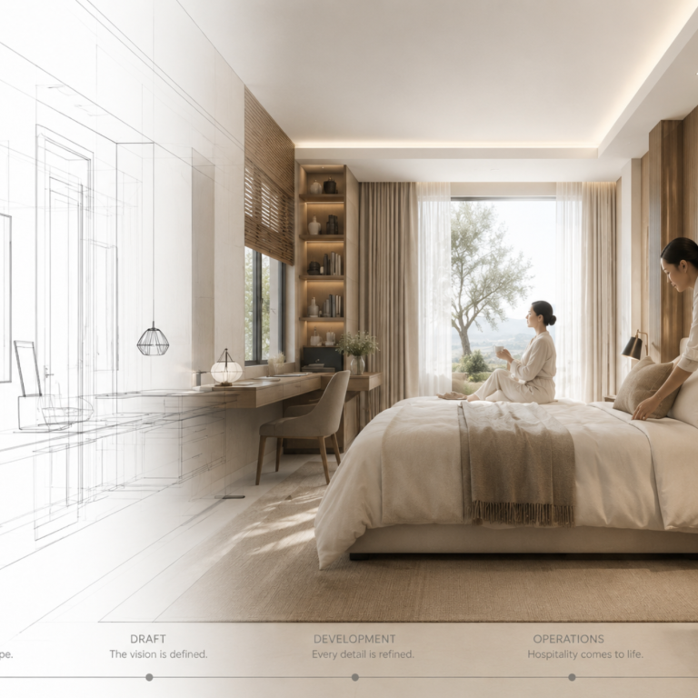 Interior rendering of a hotel suite with bed, desk and garden view, illustrating hospitality development and transformation