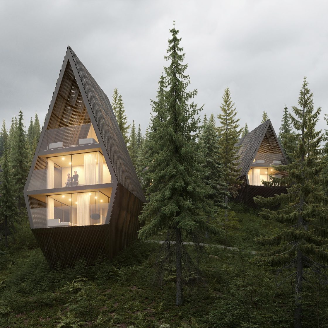 Illuminated A-frame cabin with large glazed facade among spruce trees at dusk - designed by nature, refined for people