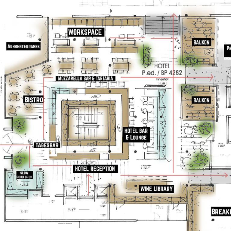 Hotel floor plan showing reception, bar, lounge and restaurant areas for culinary and social concept planning