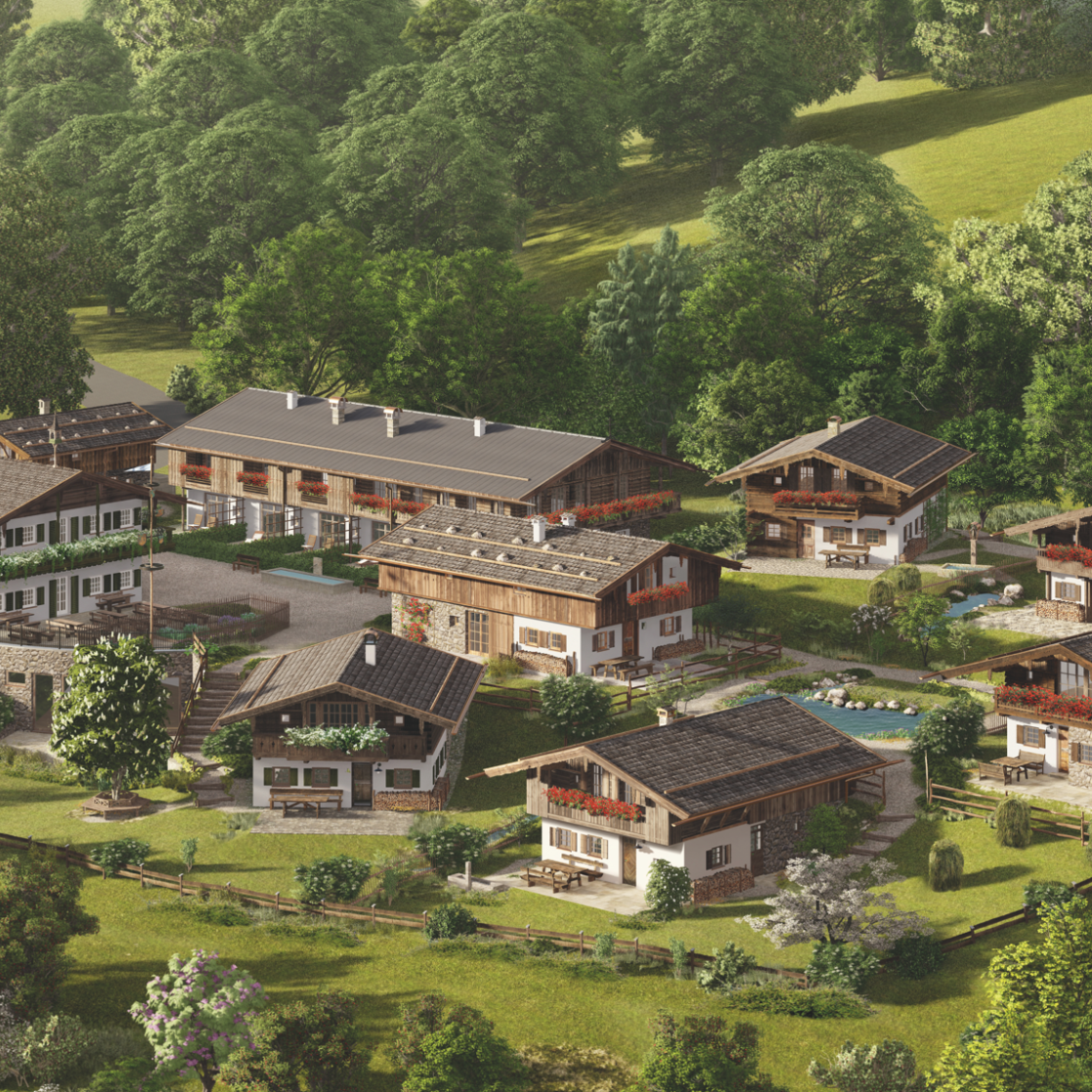 Aerial view of an alpine chalet village with meadows and forest - Alpine Hide Away Village, Tegernsee, Germany