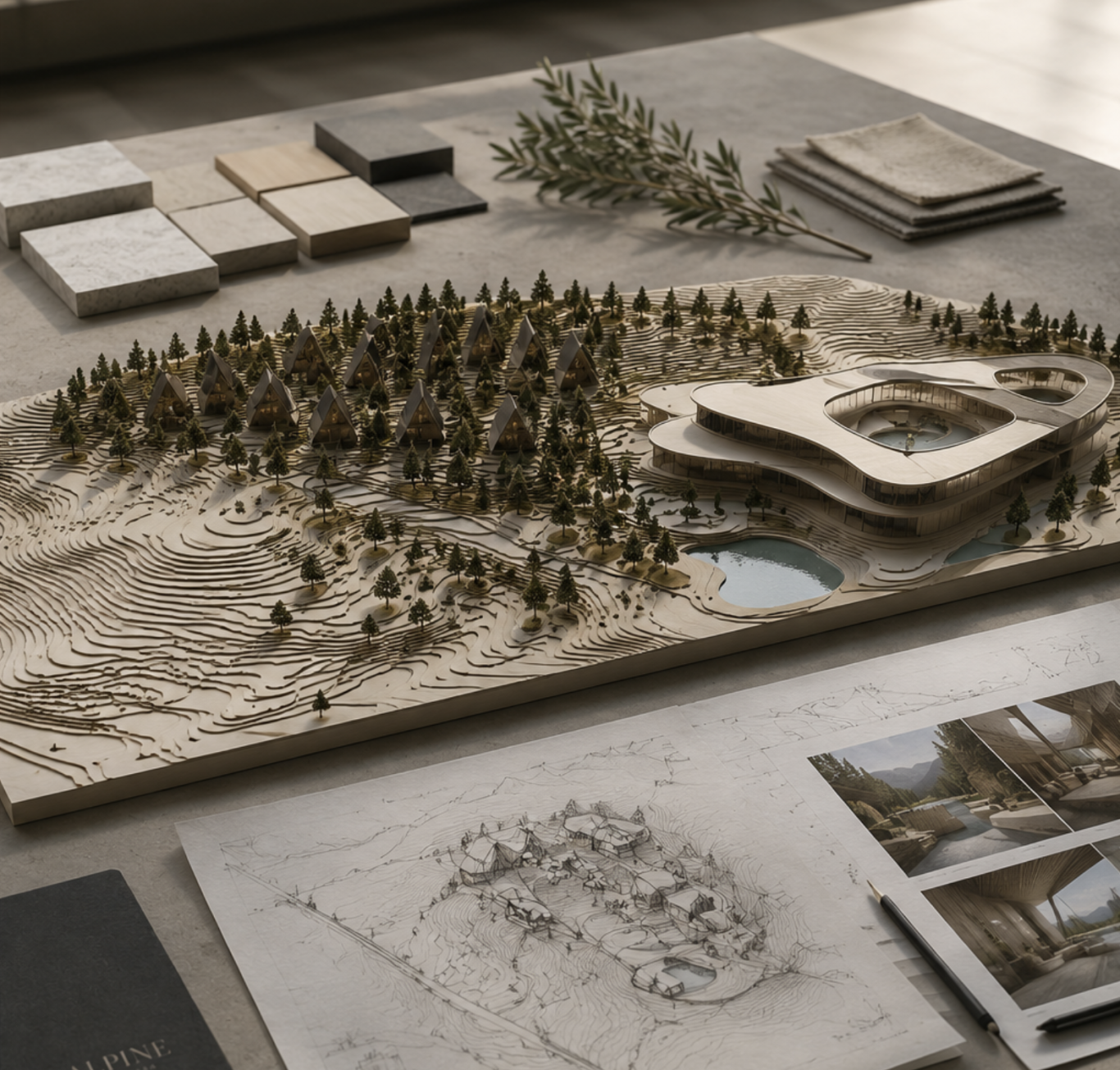 Detailed architectural model of a resort with terraced buildings, forest and water, illustrating precision and intentional design
