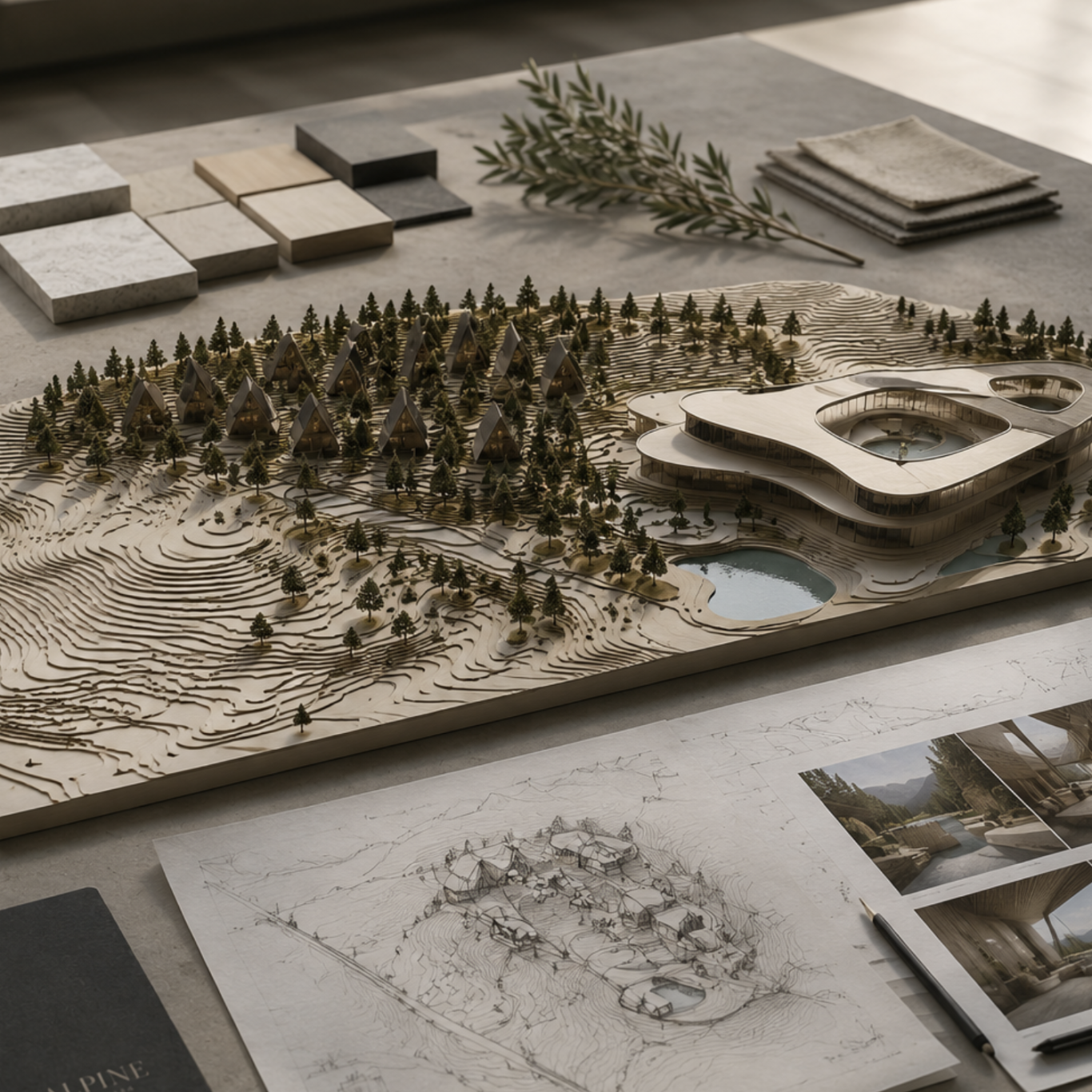 Architectural scale model of a hospitality destination with landscape, water feature and surrounding forest