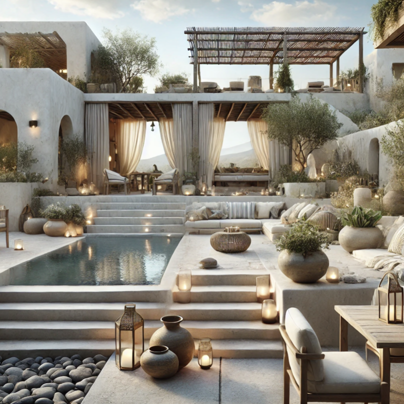 Mediterranean spa resort terrace with pool, pergola and lounge seating - Aegean SPA Resort in Bodrum, Turkey