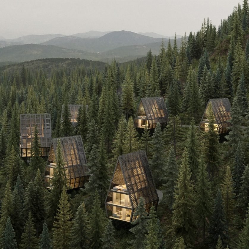 Tree lodge resort with timber cabins nestled in a forested alpine valley - Slow Life project in Italy, Austria and Germany